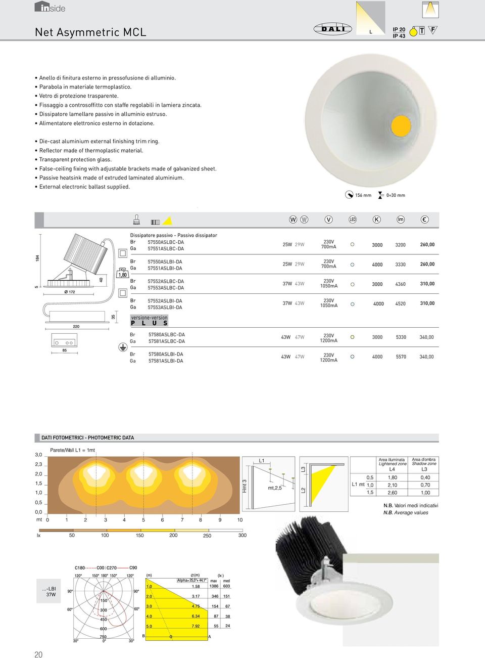 Transparent protection glass. False-ceiling fixing with adjustable brackets made of galvanized sheet. Passive heatsink made of extruded laminated aluminium. External electronic ballast supplied.