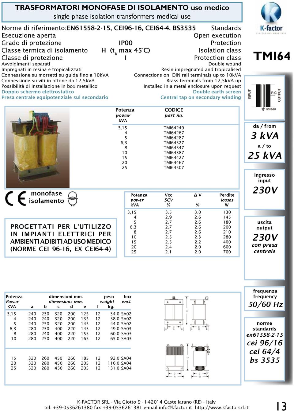 tropicalizzati Connessione su morsetti su guida fino a 10kVA Connessione su viti in ottone da 12,5kVA Possibilità di installazione in box metallico Doppio schermo elettrostatico Presa centrale