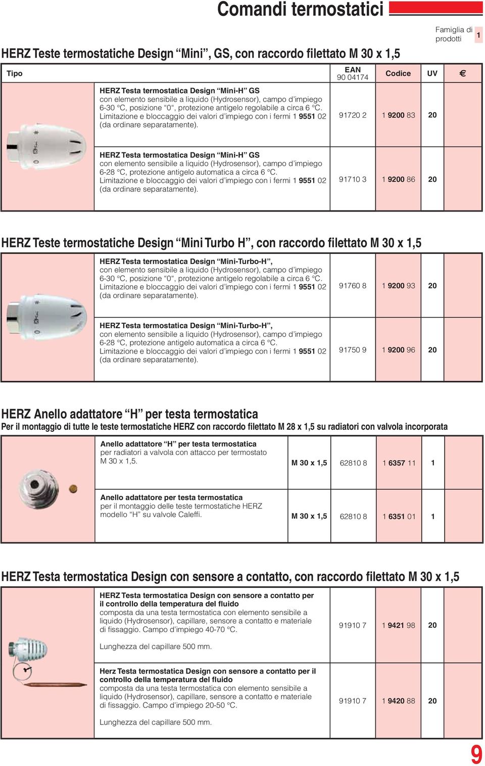 90 0474 9720 2 9200 83 20 HERZ Testa termostatica Design Mini-H GS con elemento sensibile a liquido (Hydrosensor), campo d impiego 6-28 C, protezione antigelo automatica a circa 6 C.