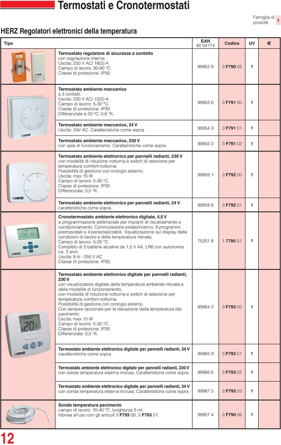 Classe di protezione: IP30 Differenziale a 20 C: 0,6 K. 99953 6 3 F79 00 Termostato ambiente meccanico, 24 V Uscita: 24V AC. Caratteristiche come sopra.