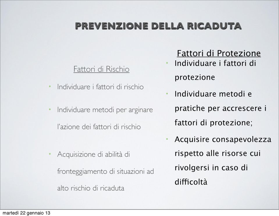 rischio di ricaduta Fattori di Protezione Individuare i fattori di protezione Individuare metodi e pratiche