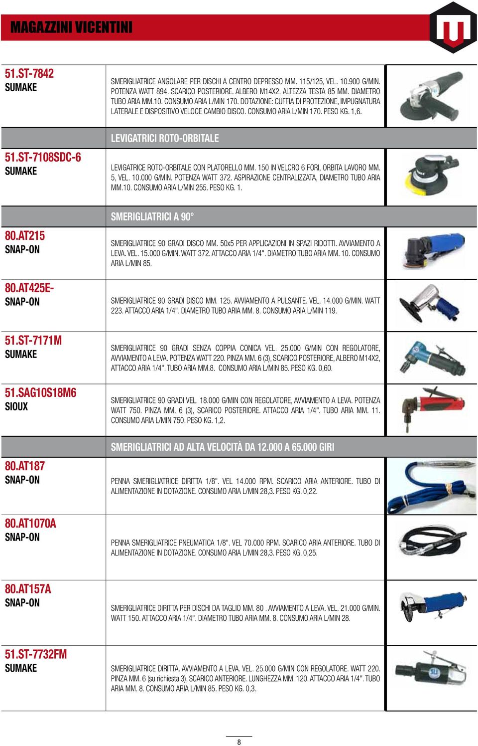 LEVIGATRICI ROTO-ORBITALE LEVIGATRICE ROTO-ORBITALE CON PLATORELLO MM. 150 IN VELCRO 6 FORI, ORBITA LAVORO MM. 5, VEL. 10.000 G/MIN. POTENZA WATT 372. ASPIRAZIONE CENTRALIZZATA, DIAMETRO TUBO ARIA MM.