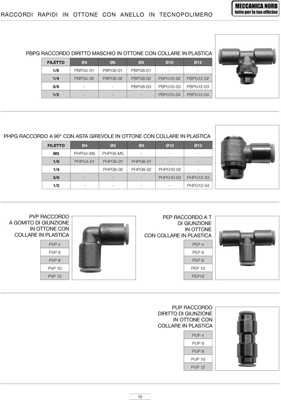 PHPG4-M5 PHPG6-M5 - - - 1/8 PHPG4-01 PHPG6-01 PHPG8-01 - - 1/4 - PHPG6-02 PHPG8-02 PHPG10-02 - 3/8 - - - PHPG10-03 PHPG12-03 1/2 - - - - PHPG12-04 PVP RACCORDO A GOMITO DI GIUNZIONE IN OTTONE CON