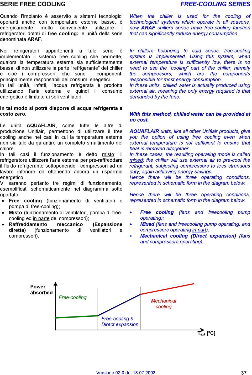 Nei refrigeratori appartenenti a tale serie è implementato il sistema free cooling che permette, qualora la temperatura esterna sia sufficientemente bassa, di non utilizzare la parte refrigerante del