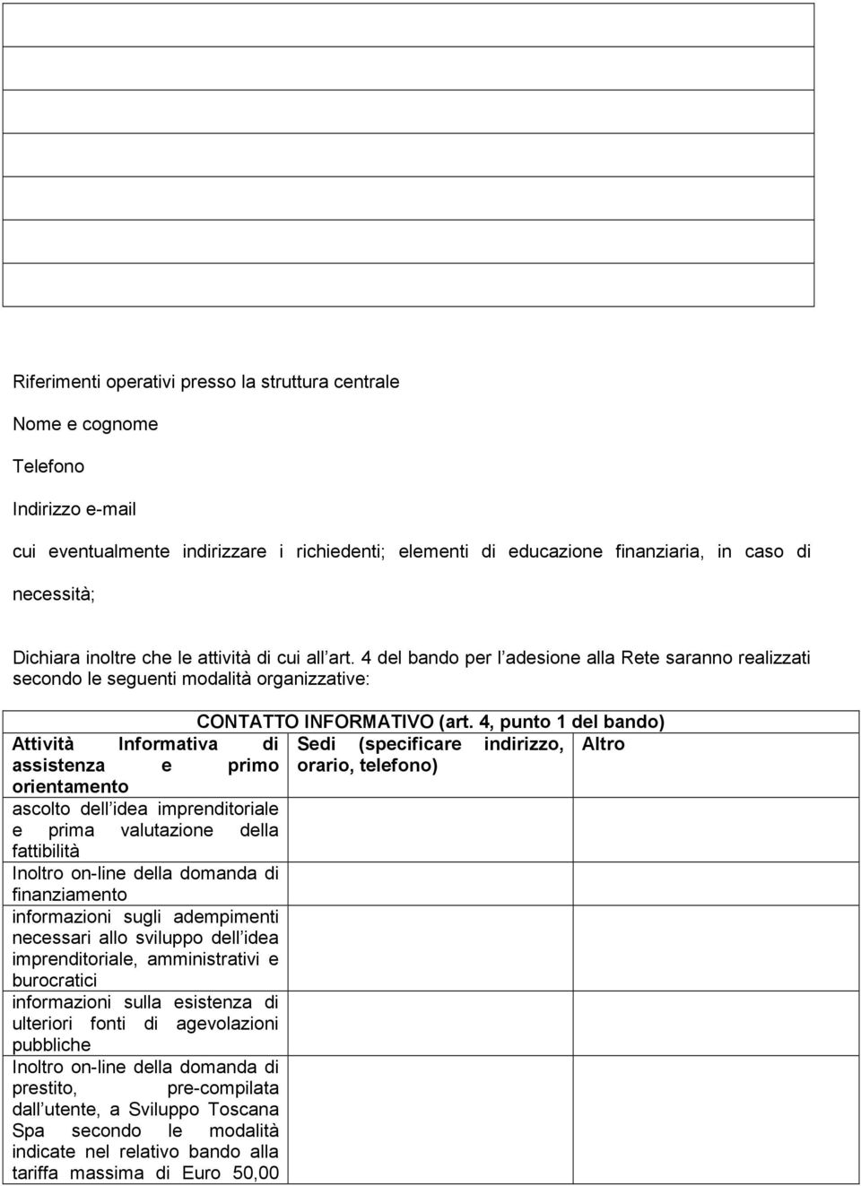 4 del bando per l adesione alla Rete saranno realizzati secondo le seguenti modalità organizzative: Attività Informativa di assistenza e primo orientamento ascolto dell idea imprenditoriale e prima