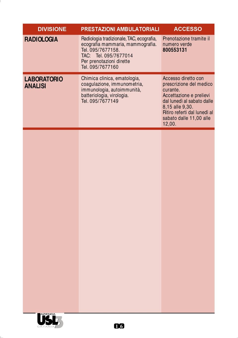 095/7677160 LABORATORIO ANALISI Chimica clinica, ematologia, coagulazione, immunometria, immunologia, autoimmunità, batteriologia,