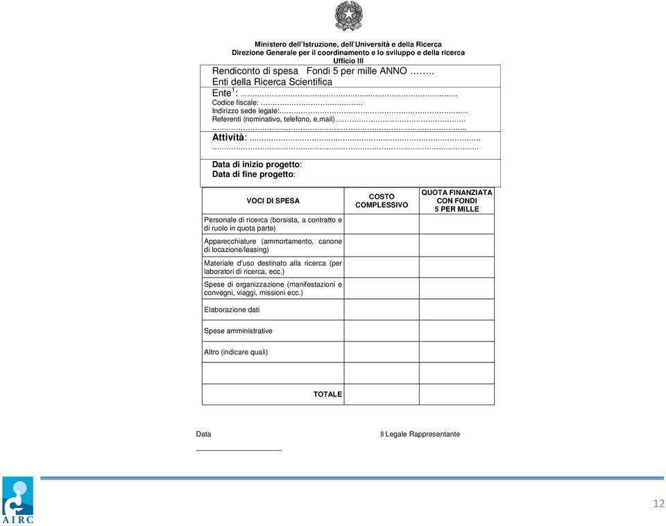 . Data di inizio progetto: Data di fine progetto: VOCI DI SPESA Personale di ricerca (borsista, a contratto e di ruolo in quota parte) Apparecchiature (ammortamento, canone di locazione/leasing)