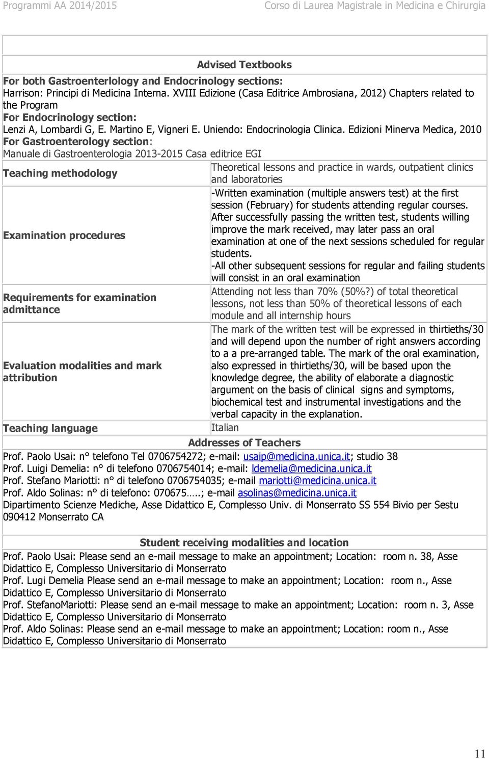 Edizioni Minerva Medica, 2010 For Gastroenterology section: Manuale di Gastroenterologia 2013-2015 Casa editrice EGI Theoretical lessons and practice in wards, outpatient clinics Teaching methodology