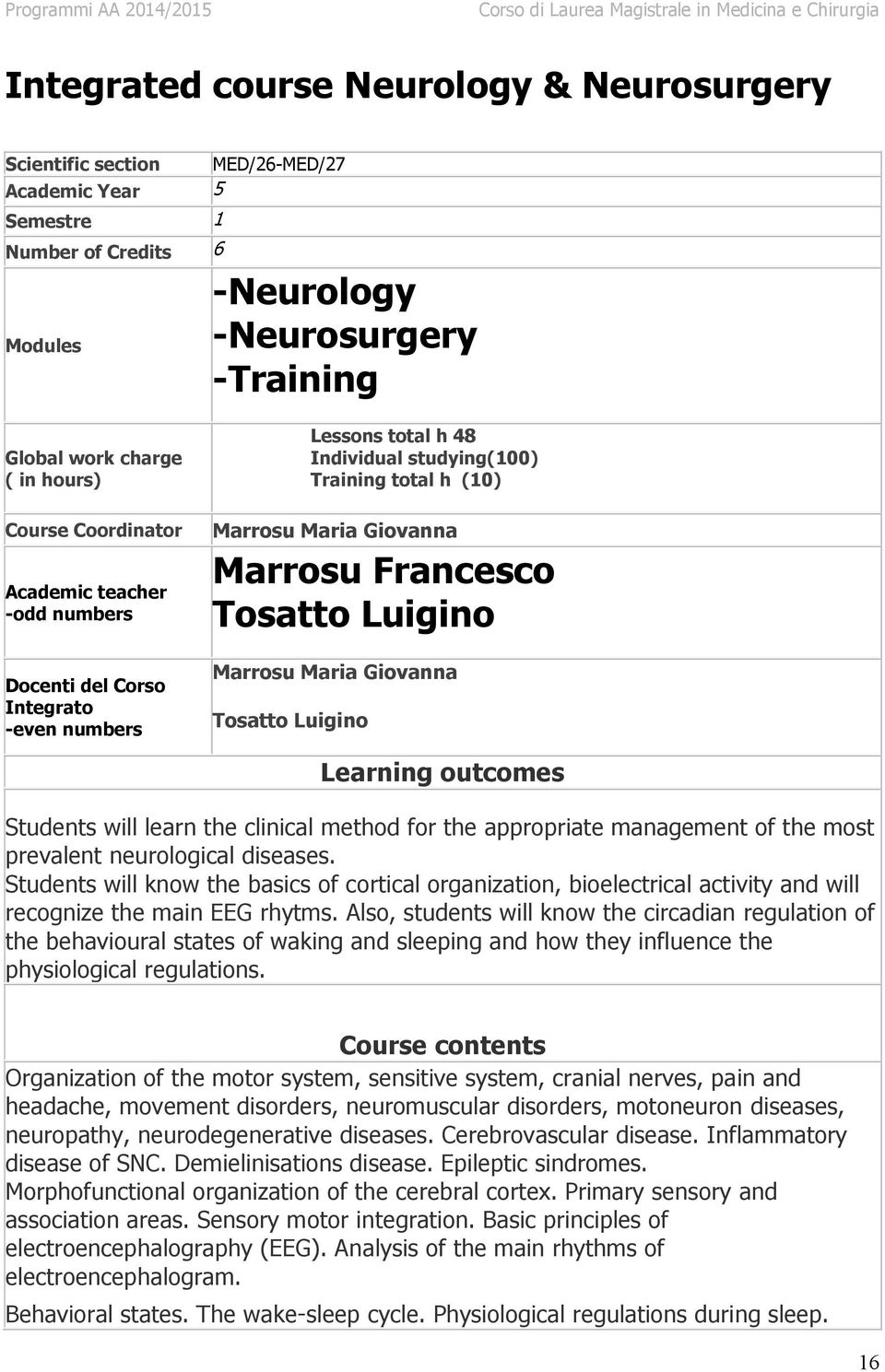 Tosatto Luigino Marrosu Maria Giovanna Tosatto Luigino Learning outcomes Students will learn the clinical method for the appropriate management of the most prevalent neurological diseases.