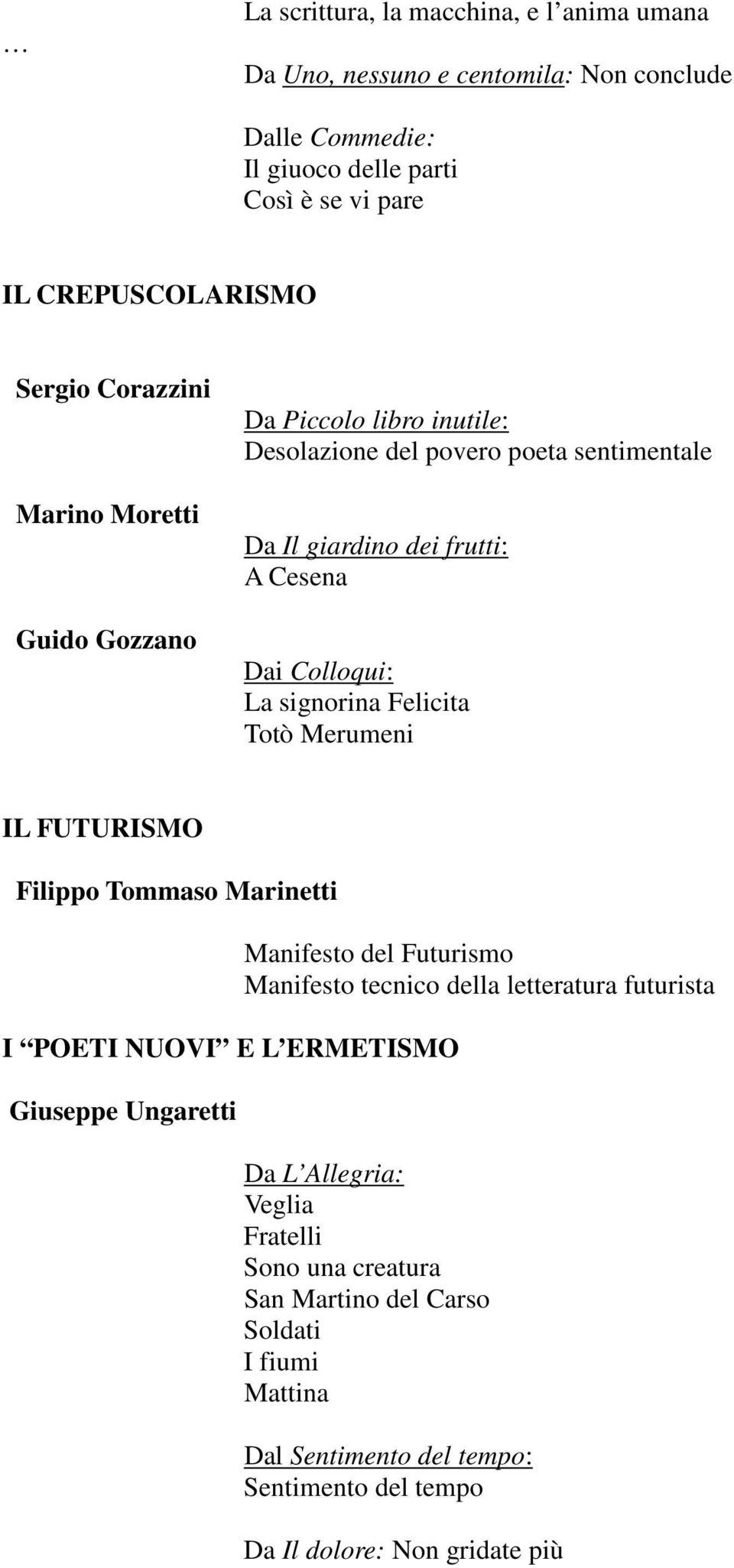 Felicita Totò Merumeni IL FUTURISMO Filippo Tommaso Marinetti I POETI NUOVI E L ERMETISMO Giuseppe Ungaretti Manifesto del Futurismo Manifesto tecnico della letteratura