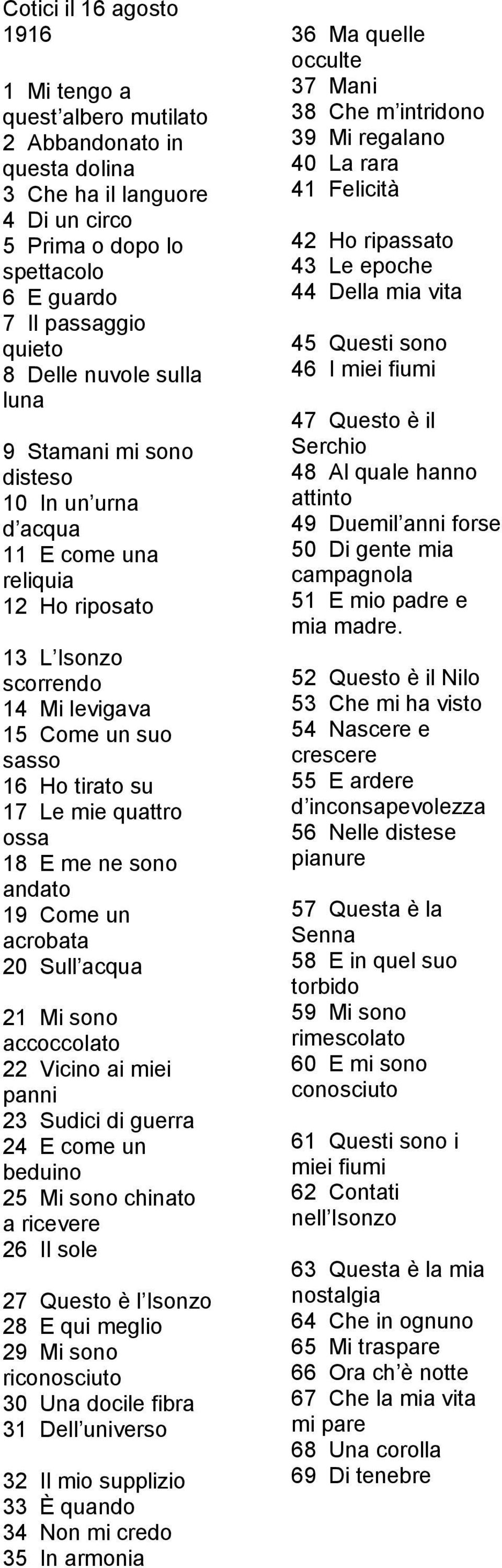 ossa 18 E me ne sono andato 19 Come un acrobata 20 Sull acqua 21 Mi sono accoccolato 22 Vicino ai miei panni 23 Sudici di guerra 24 E come un beduino 25 Mi sono chinato a ricevere 26 Il sole 27