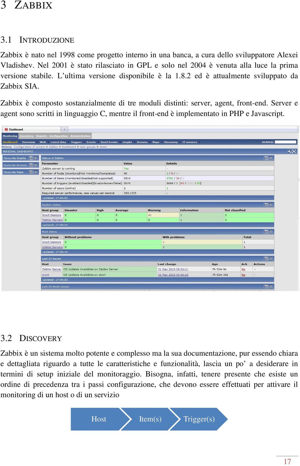 Zabbix è composto sostanzialmente di tre moduli distinti: server, agent, front-end. Server e agent sono scritti in linguaggio C, mentre il front-end è implementato in PHP e Javascript. 3.