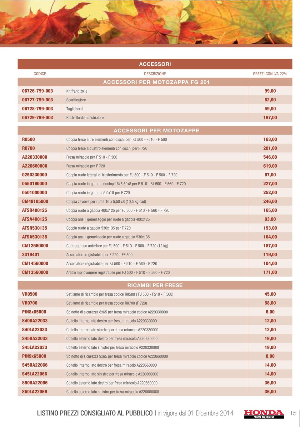 A220330000 Fresa miracolo per F 510 - F 560 546,00 A220660000 Fresa miracolo per F 720 619,00 0250330000 Coppia ruote laterali di trasferimento per FJ 500 - F 510 - F 560 - F 720 67,00 0550160000