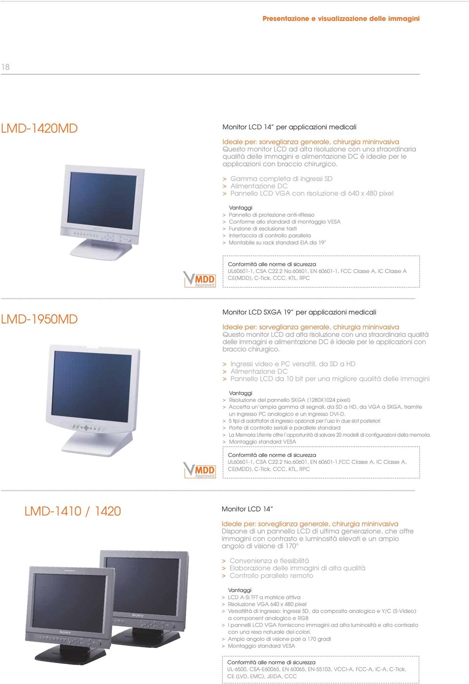 > Gamma completa di ingressi SD > Alimentazione DC > Pannello LCD VGA con risoluzione di 640 x 480 pixel > Pannello di protezione anti-riflesso > Conforme allo standard di montaggio VESA > Funzione