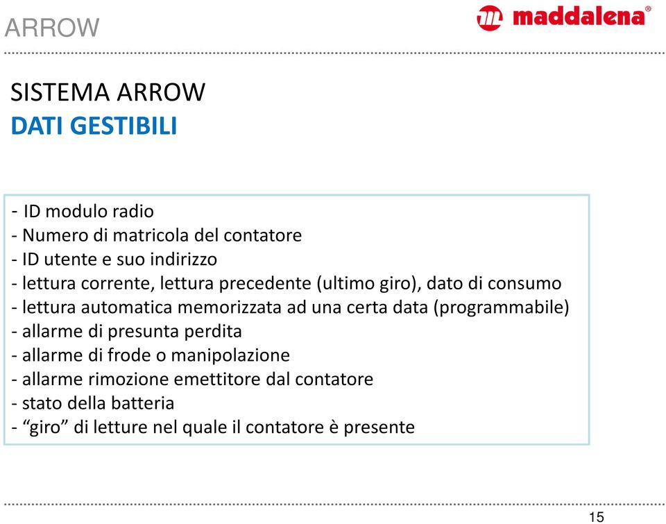 memorizzata ad una certa data (programmabile) - allarme di presunta perdita - allarme di frode o