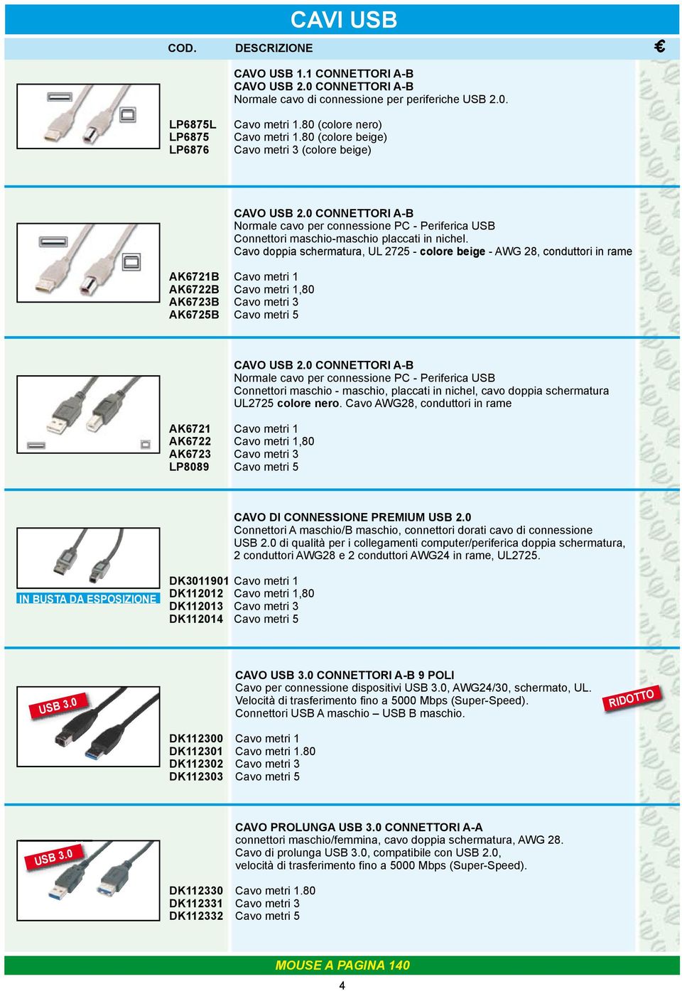 Cavo doppia schermatura, UL 2725 - colore beige - AWG 28, conduttori in rame AK6721B Cavo metri 1 AK6722B Cavo metri 1,80 AK6723B Cavo metri 3 AK6725B Cavo metri 5 CAVO USB 2.