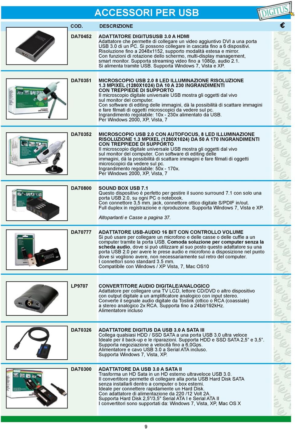 Supporta streaming video fino a 1080p, audio 2.1. Si alimenta tramite USB. Supporta Windows 7, Vista e XP. DA70351 MICROSCOPIO USB 2.0 8 LED ILLUMINAZIONE RISOLUZIONE 1.