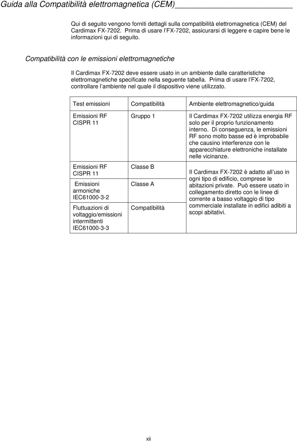 Compatibilità con le emissioni elettromagnetiche Il Cardimax FX-7202 deve essere usato in un ambiente dalle caratteristiche elettromagnetiche specificate nella seguente tabella.