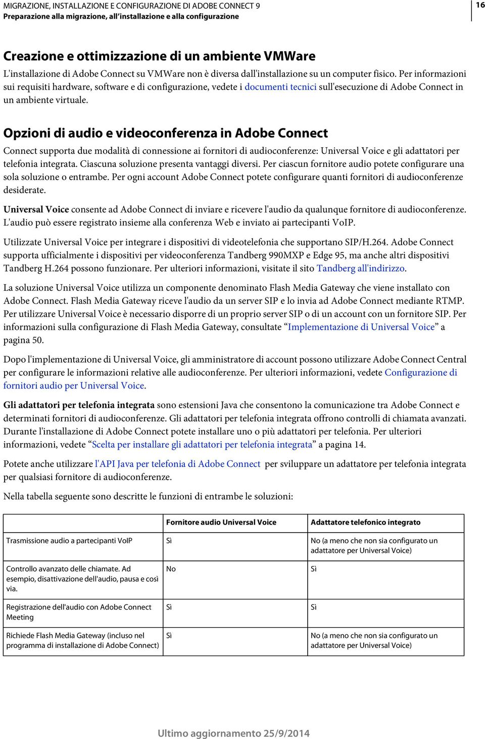 Opzioni di audio e videoconferenza in Adobe Connect Connect supporta due modalità di connessione ai fornitori di audioconferenze: Universal Voice e gli adattatori per telefonia integrata.