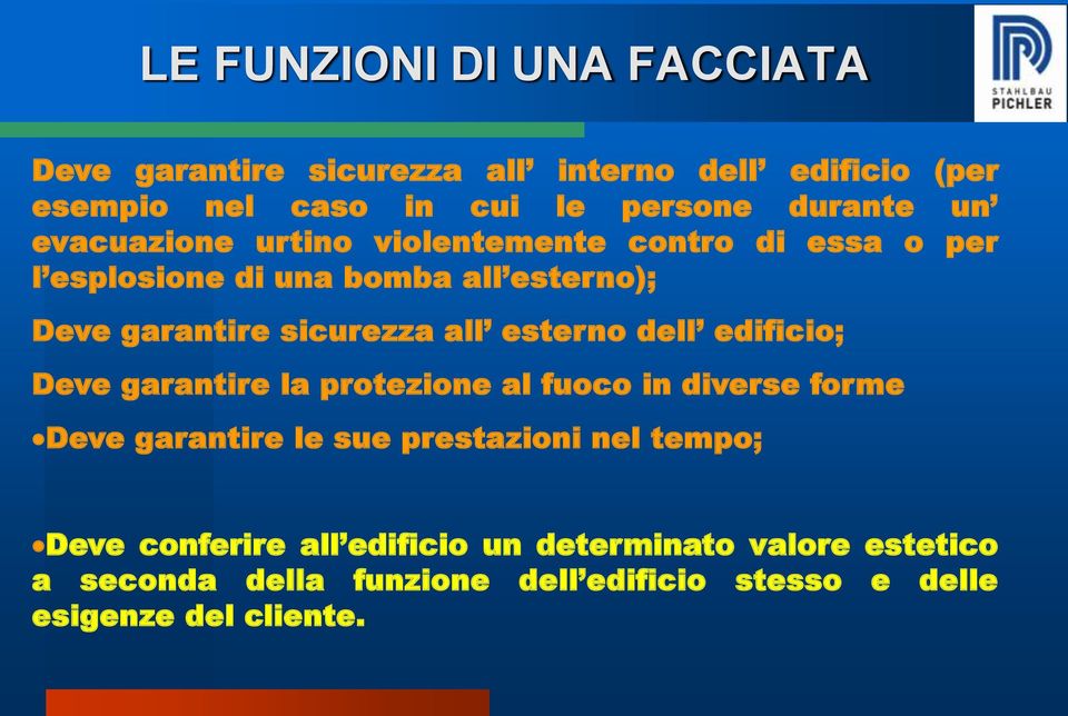 esterno dell edificio; Deve garantire la protezione al fuoco in diverse forme Deve garantire le sue prestazioni nel tempo; Deve