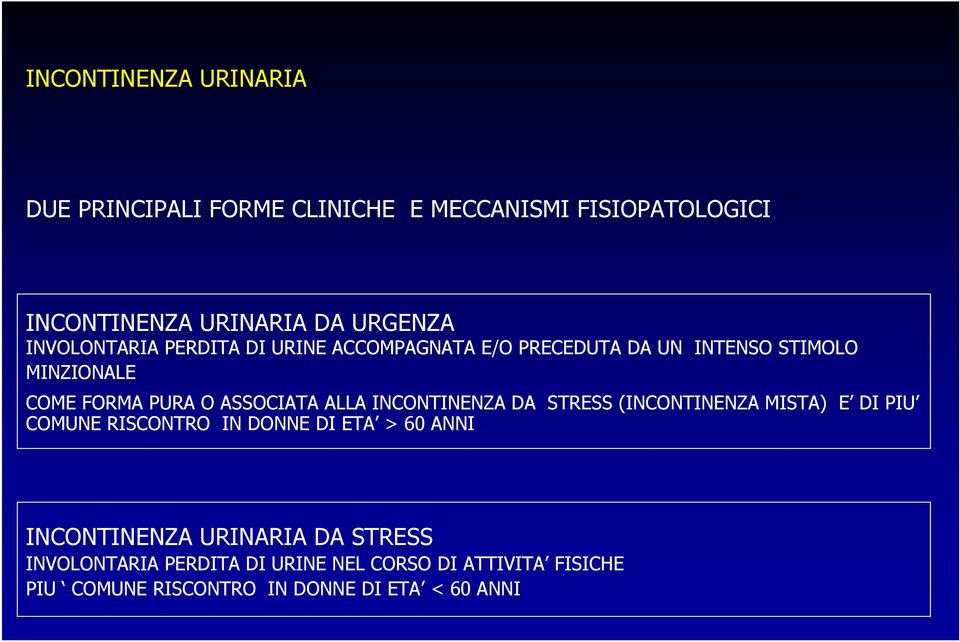 ALLA INCONTINENZA DA STRESS (INCONTINENZA MISTA) E DI PIU COMUNE RISCONTRO IN DONNE DI ETA > 60 ANNI INCONTINENZA