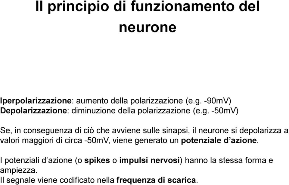 -50mV) Se, in conseguenza di ciò che avviene sulle sinapsi, il neurone si depolarizza a valori maggiori di circa