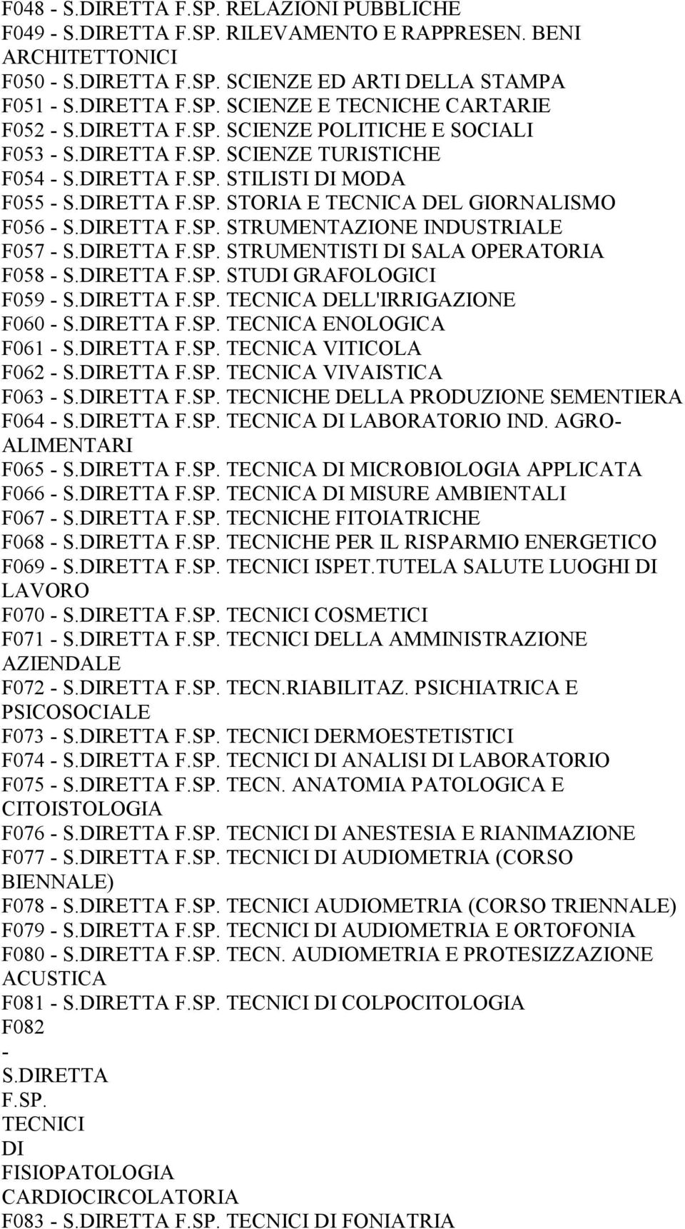 DIRETTA F.SP. STRUMENTISTI DI SALA OPERATORIA F058 - S.DIRETTA F.SP. STUDI GRAFOLOGICI F059 - S.DIRETTA F.SP. TECNICA DELL'IRRIGAZIONE F060 - S.DIRETTA F.SP. TECNICA ENOLOGICA F061 - S.DIRETTA F.SP. TECNICA VITICOLA F062 - S.