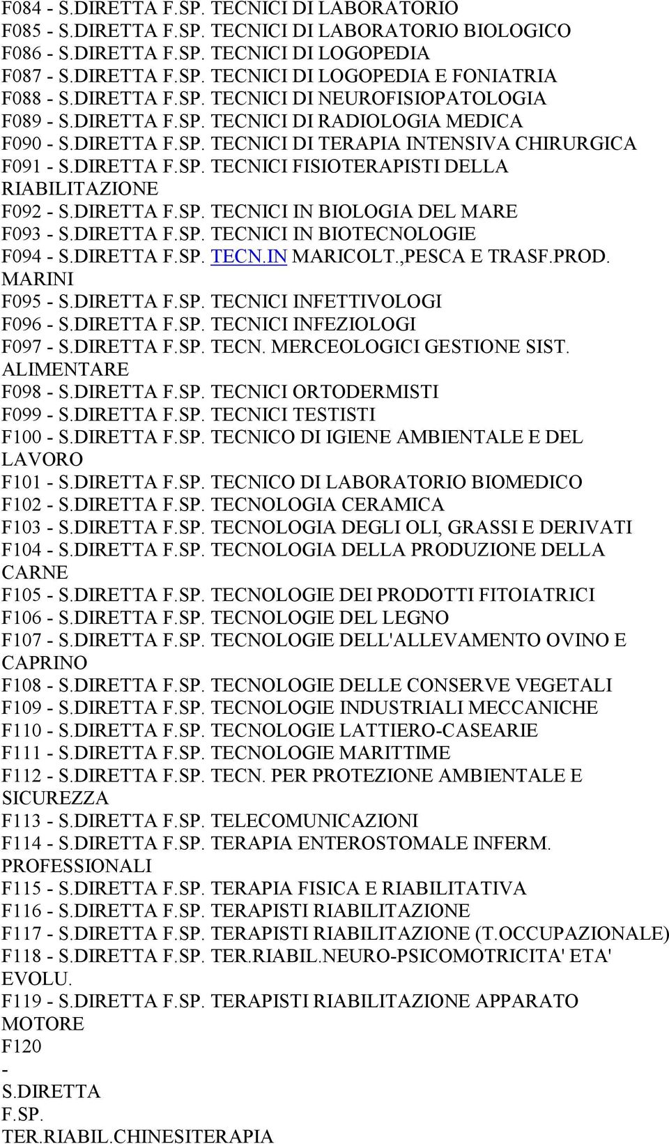 DIRETTA F.SP. TECNICI IN BIOLOGIA DEL MARE F093 - S.DIRETTA F.SP. TECNICI IN BIOTECNOLOGIE F094 - S.DIRETTA F.SP. TECN.IN MARICOLT.,PESCA E TRASF.PROD. MARINI F095 - S.DIRETTA F.SP. TECNICI INFETTIVOLOGI F096 - S.