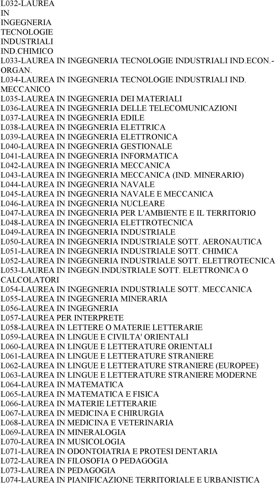 ELETTRONICA L040-LAUREA IN INGEGNERIA GESTIONALE L041-LAUREA IN INGEGNERIA INFORMATICA L042-LAUREA IN INGEGNERIA MECCANICA L043-LAUREA IN INGEGNERIA MECCANICA (IND.