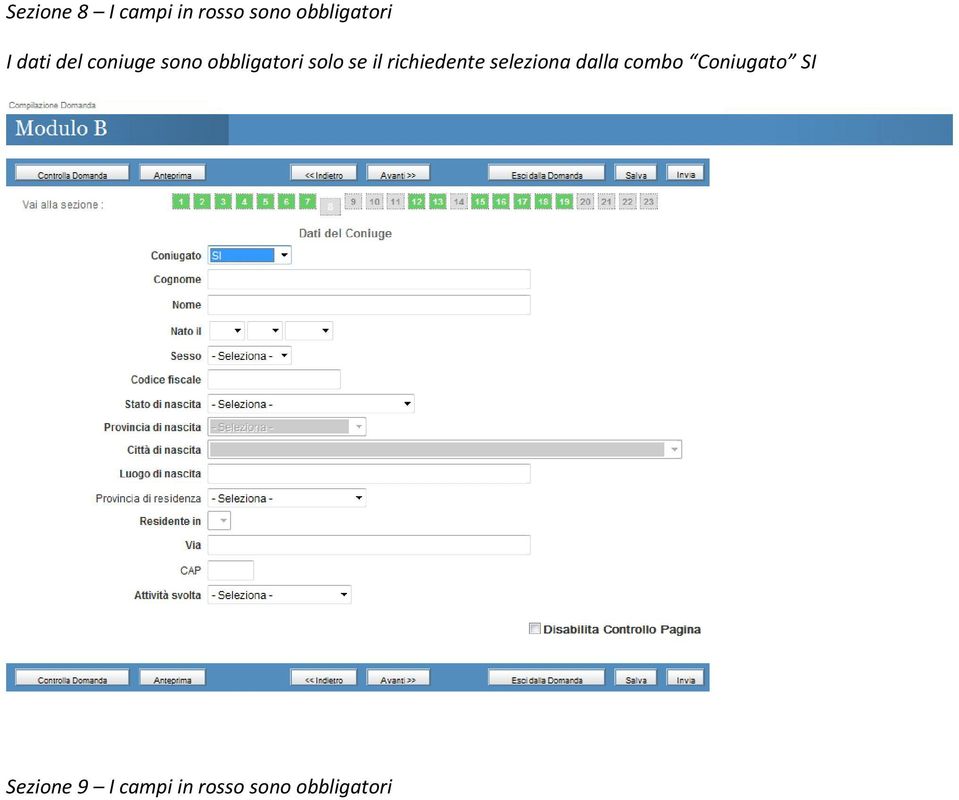 richiedente seleziona dalla combo Coniugato