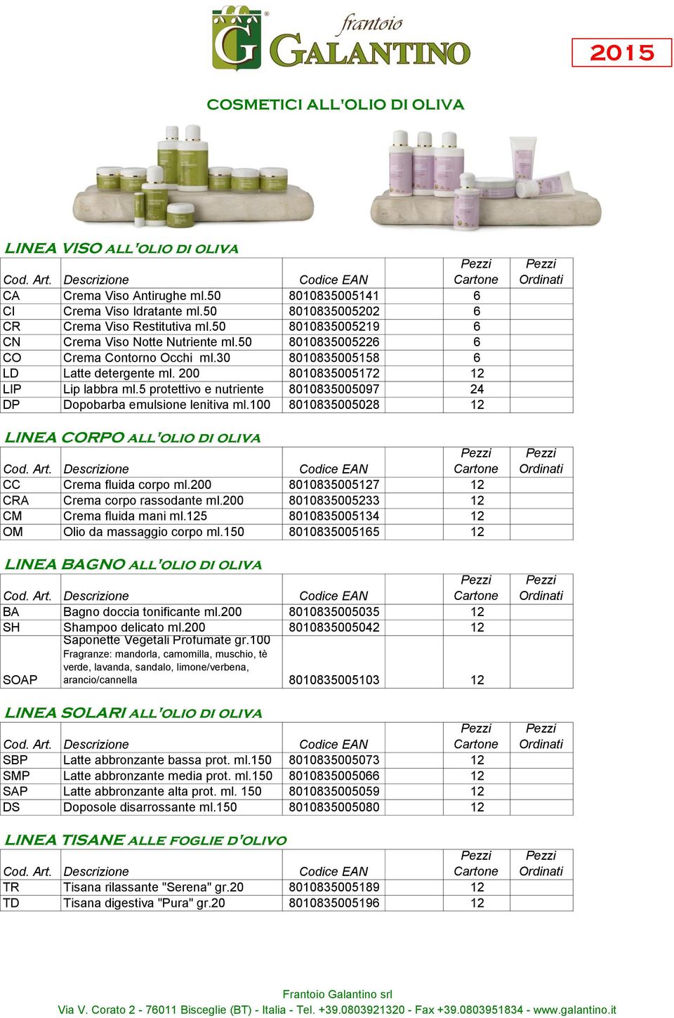 5 protettivo e nutriente 8010835005097 24 DP Dopobarba emulsione lenitiva ml.100 8010835005028 12 LINEA CORPO all'olio di oliva CC Crema fluida corpo ml.