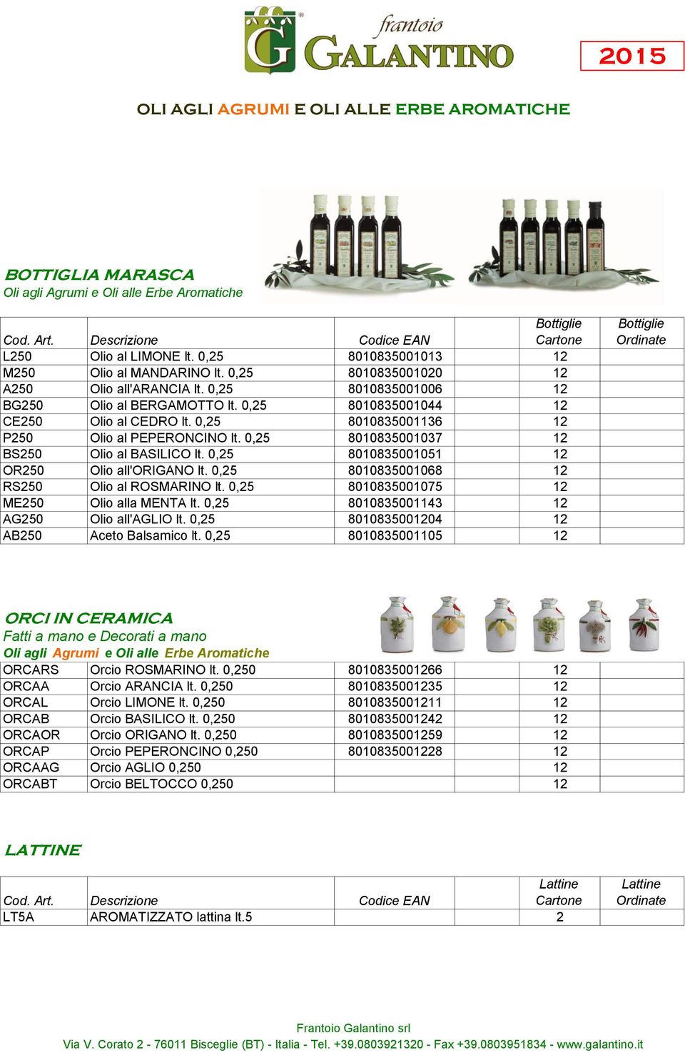 0,25 8010835001037 12 BS250 Olio al BASILICO lt. 0,25 8010835001051 12 OR250 Olio all'origano lt. 0,25 8010835001068 12 RS250 Olio al ROSMARINO lt. 0,25 8010835001075 12 ME250 Olio alla MENTA lt.