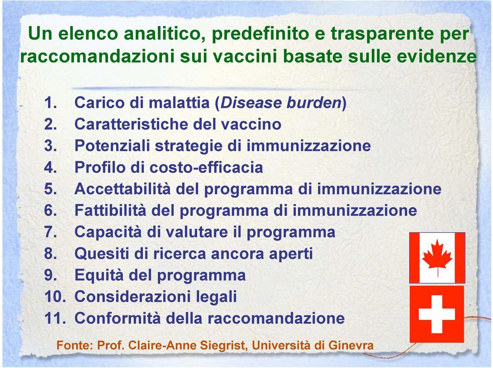 Profilo di costo-efficacia 5. Accettabilità del programma di immunizzazione 6. Fattibilità del programma di immunizzazione 7.