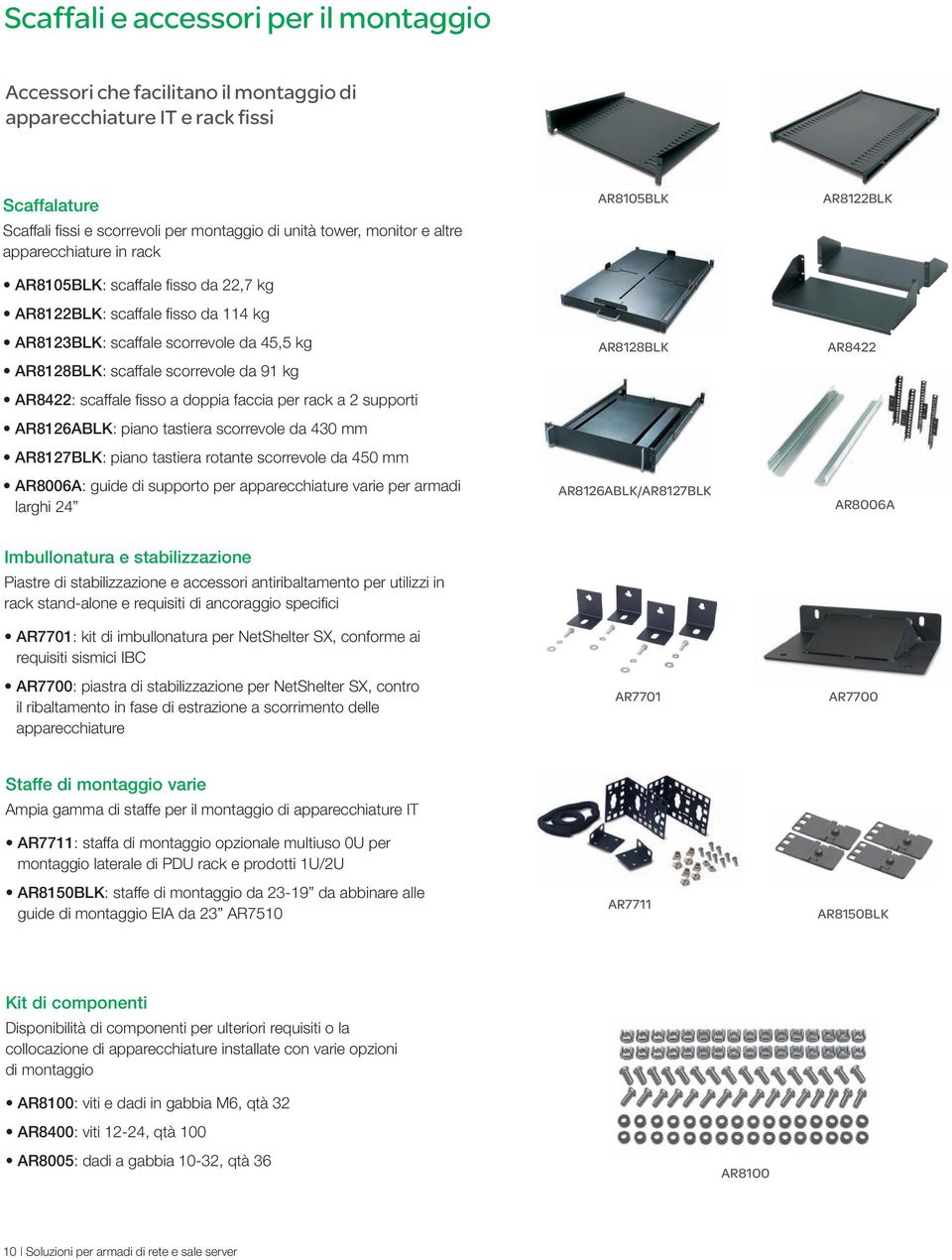 doppia faccia per rack a 2 supporti AR826ABLK: piano tastiera scorrevole da 30 mm AR827BLK: piano tastiera rotante scorrevole da 50 mm AR8006A: guide di supporto per apparecchiature varie per armadi