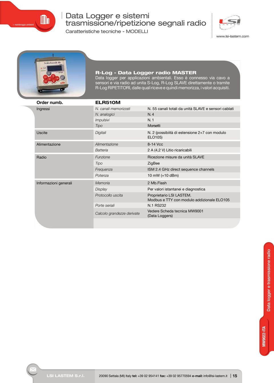 ELR510M Ingressi N. canali memorizzati N. 55 canali totali da unità SLAVE e sensori cablati N. analogici N. 4 Impulsivi N. 1 Tipo Morsetti Uscite Digitali N.