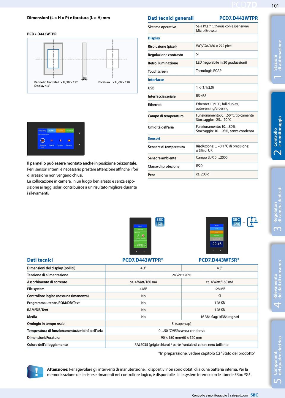 D443WTPR Saia PCD COSinus con espansione Micro Browser WQVGA/480 272 pixel Sì LED (regolabile in 20 graduazioni) Tecnologia PCAP USB 1 (1.1/2.