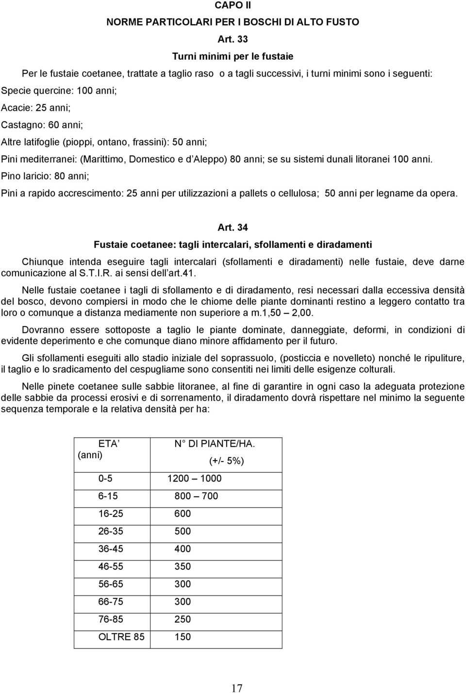 Altre latifoglie (pioppi, ontano, frassini): 50 anni; Pini mediterranei: (Marittimo, Domestico e d Aleppo) 80 anni; se su sistemi dunali litoranei 100 anni.