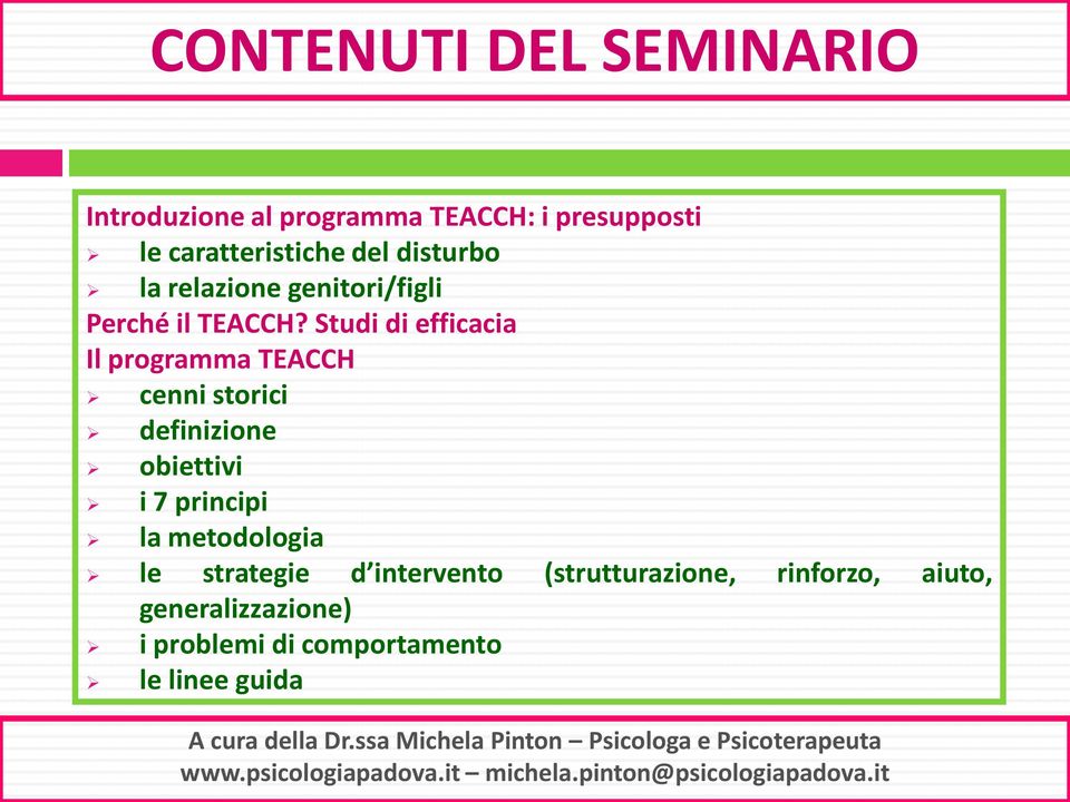 Studi di efficacia Il programma TEACCH cenni storici definizione obiettivi i 7 principi la metodologia le strategie d