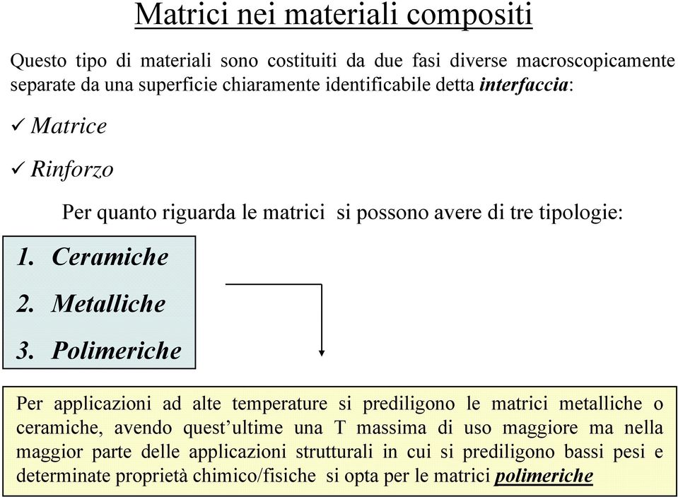 Polimeriche Per applicazioni ad alte temperature si prediligono le matrici metalliche o ceramiche, avendo quest ultime una T massima di uso maggiore ma