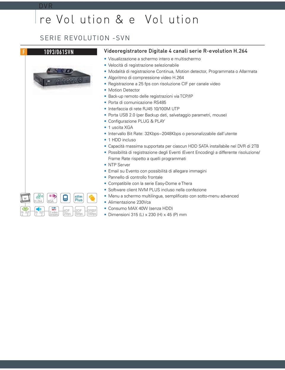 264 Visualizzazione a schermo intero e multischermo Velocità di registrazione selezionabile Modalità di registrazione Continua, Motion detector, Programmata o Allarmata Algoritmo di compressione