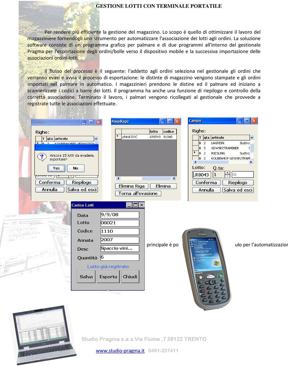 La soluzione software consiste di un programma grafico per palmare e di due programmi all'interno del gestionale Pragma per l'esportazione degli ordini/bolle verso il dispositivo mobile e la