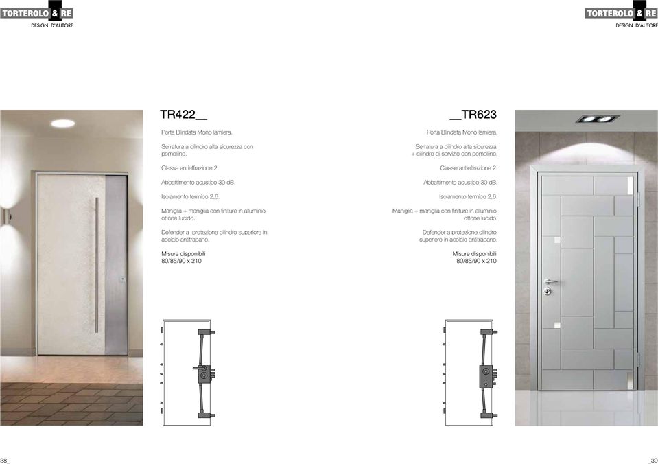 80/85/90 x 210 TR623 Porta Blindata Mono lamiera. Serratura a cilindro alta sicurezza + cilindro di servizio con pomoliino. Classe antieffrazione 2.