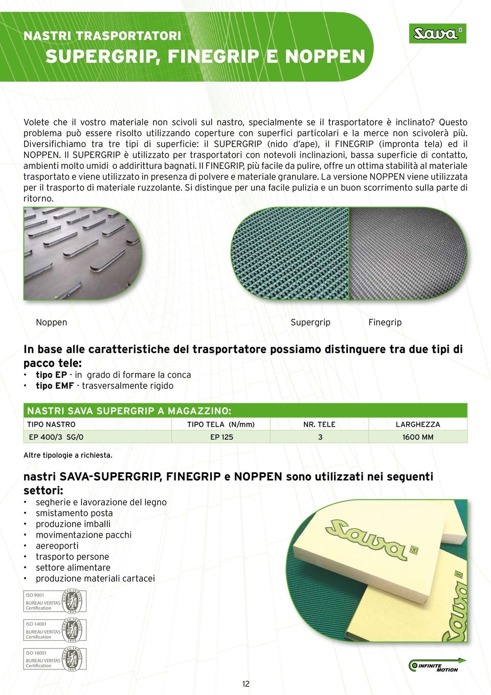 Diversifichiamo tra tre tipi di superficie: il SUPERGRIP (nido d ape), il FINEGRIP (impronta tela) ed il NOPPEN.