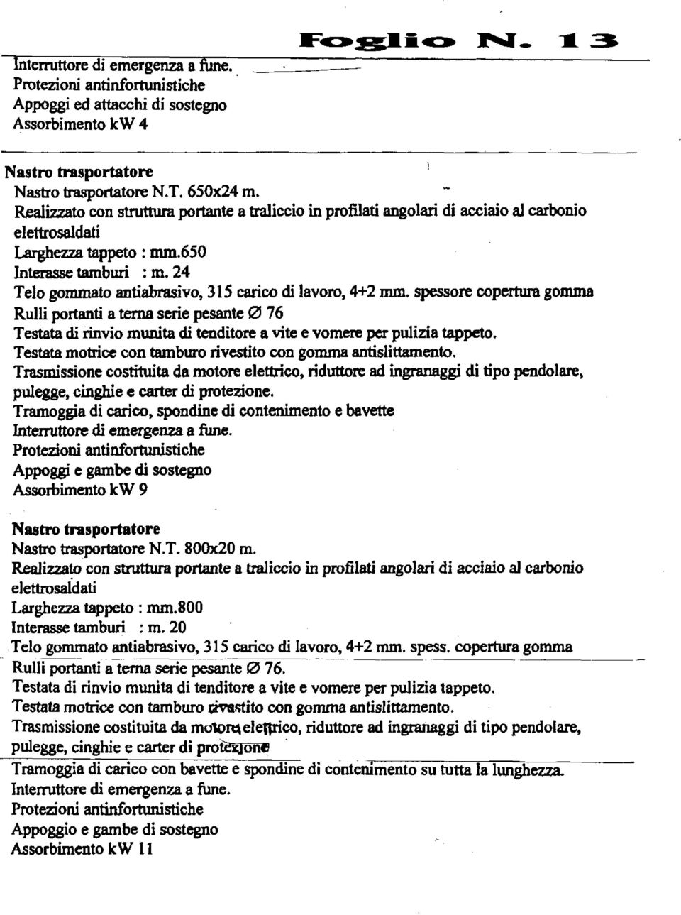 spessore copertura gomma Rulli portanti a tema serie pesante 0 76 Tramoggia di carico, spondine di contenimento e bavette Assorbimento kw 9 N.T. 800x20 m. Larghezza tappeto : mm.