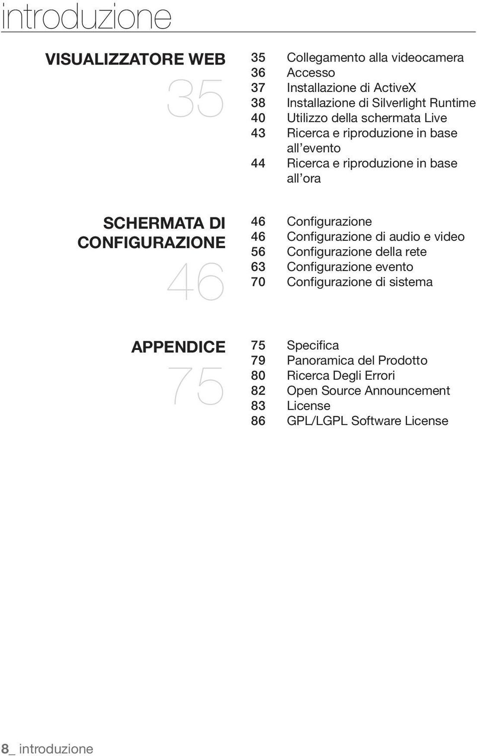 46 46 Configurazione 46 Configurazione di audio e video 56 Configurazione della rete 63 Configurazione evento 70 Configurazione di sistema APPENDICE