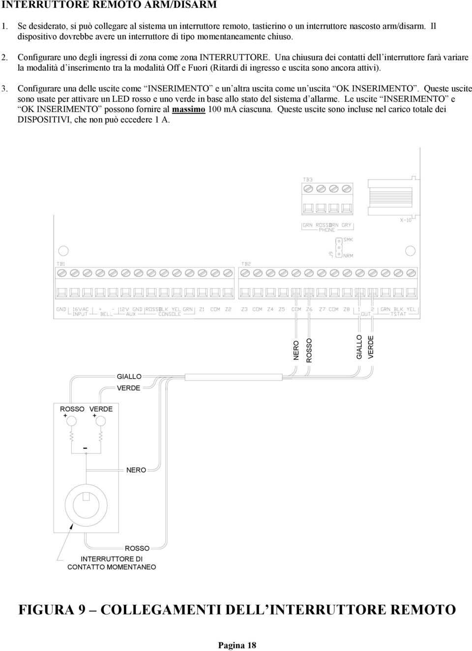 Una chiusura dei contatti dell interruttore farà variare la modalità d inserimento tra la modalità Off e Fuori (Ritardi di ingresso e uscita sono ancora attivi). 3.