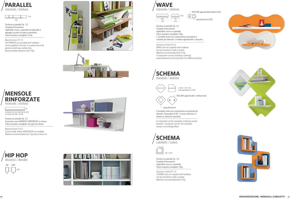 Recommended maximum load 15 Kg. WAVE mensole / shelves 66,6 40 79,8 53,2 26,6 Struttura in pannello Sp. 2,5. Completi di ferramenta. Applicabili a muro e a pannello. Carico massimo consigliato 15kg.