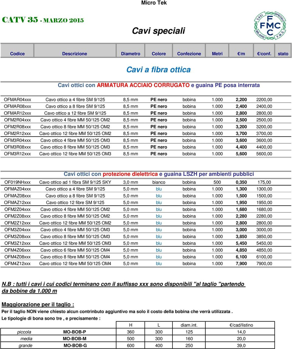 000 2,800 2800,00 OFM2R04xxx Cavo ottico 4 fibre MM 50/125 OM2 8,5 mm PE nero bobina 1.000 2,500 2500,00 OFM2R08xxx Cavo ottico 8 fibre MM 50/125 OM2 8,5 mm PE nero bobina 1.