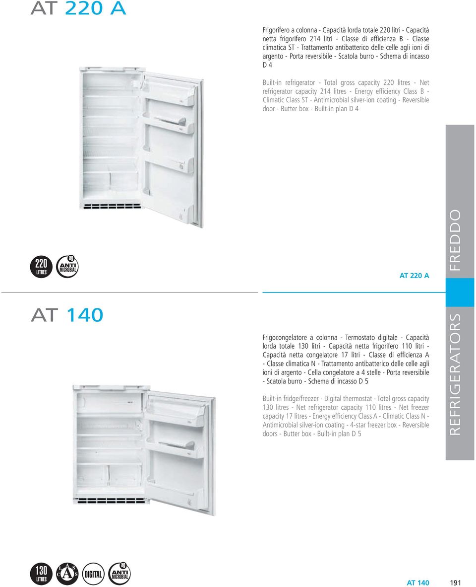 Climatic Class ST - Antimicrobial silver-ion coating - Reversible door - Butter box - Built-in plan D 4 220 AT 220 A AT 140 Frigocongelatore a colonna - Termostato digitale - Capacità lorda totale
