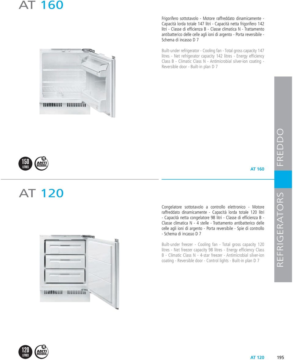 litres - Energy efficiency Class B - Climatic Class N - Antimicrobial silver-ion coating - Reversible door - Built-in plan D 7 150 AT 160 AT 120 Congelatore sottotavolo a controllo elettronico -